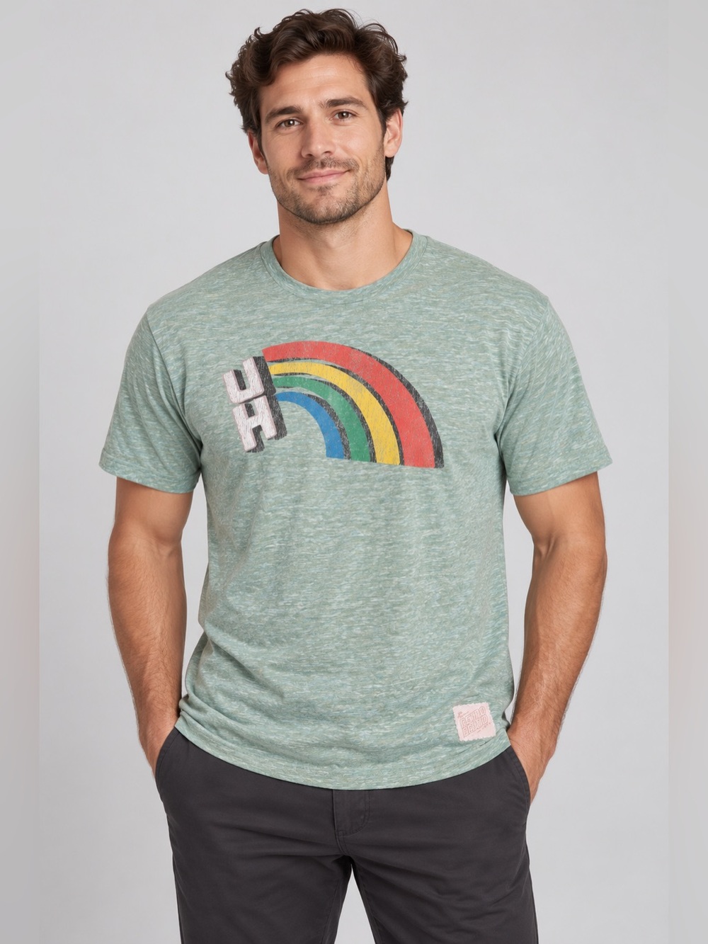 Original Retro Brand Mint Green Mens Short Sleeve Tee with Rainbow Graphic